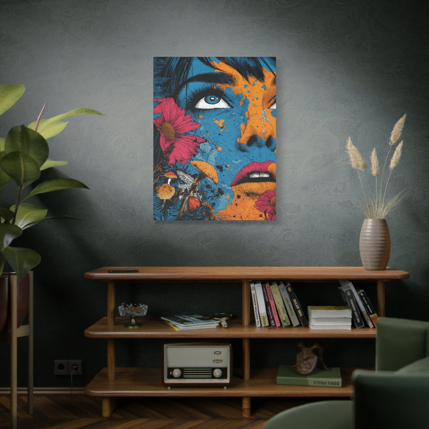 Woman's Face Surrealism and Psychedelic Pop Canvas Art Print, Whimsical Mushrooms and Floral Pop Art, Edgy Art Decor, Living Room Decoration