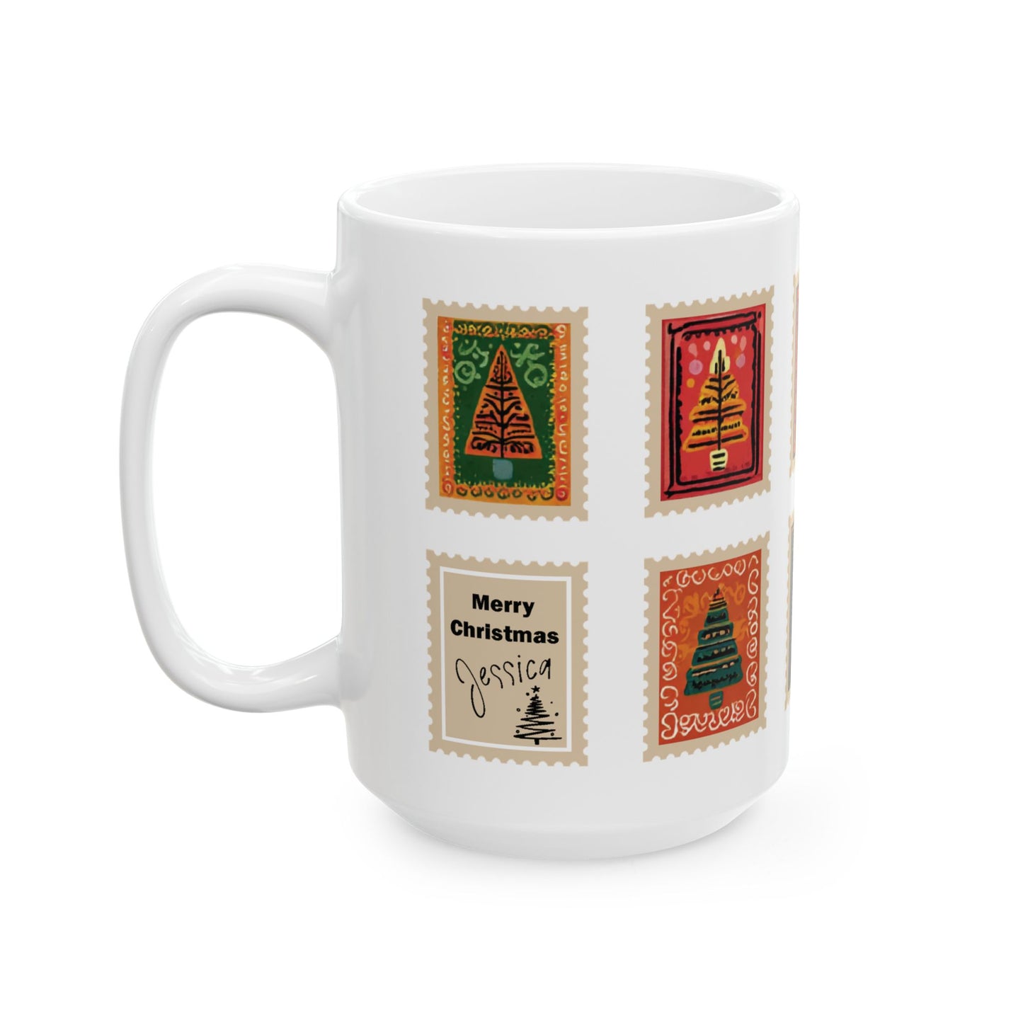 Custom Christmas Tree Stamp Ceramic Coffee Mug, Personalized Holiday Co-worker colleague Gift, Xmas Tea Cup, Home Decor, 11oz 15oz