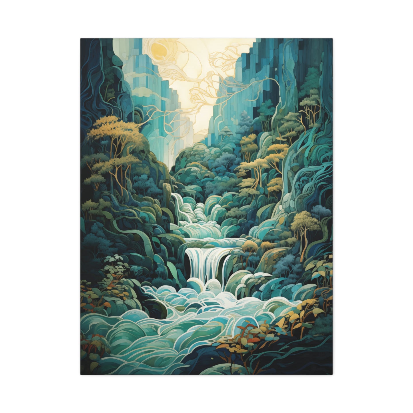 Waterfall Landscape Abstract Style Canvas Wall Art, Teal Green Blue Wall Decor, Nature Artwork, Modern Home Decor, Serene Art Print