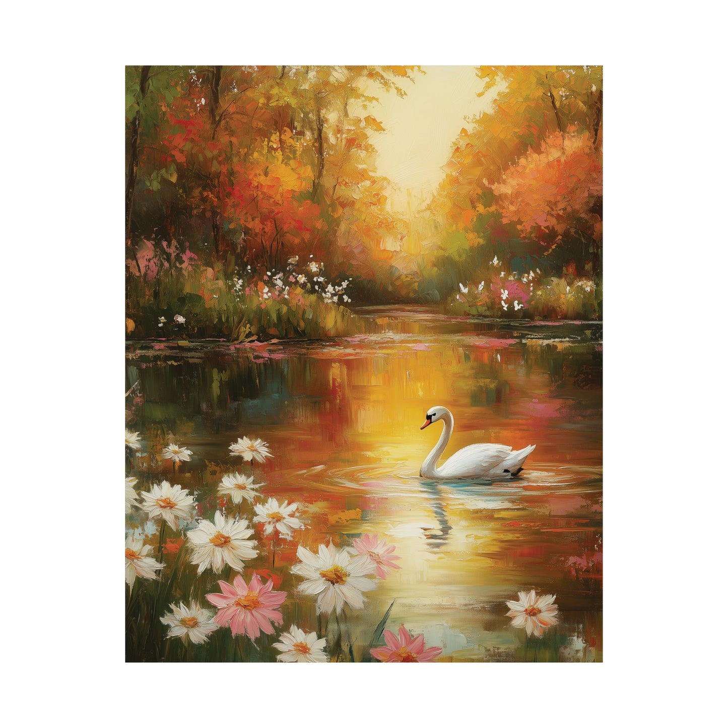 Impressionist Swan Pond Poster, Nature Wall Art Print, Daisy Flower Art, Home Office Decor, Painting Style Wall Art Print, Living Room Decor