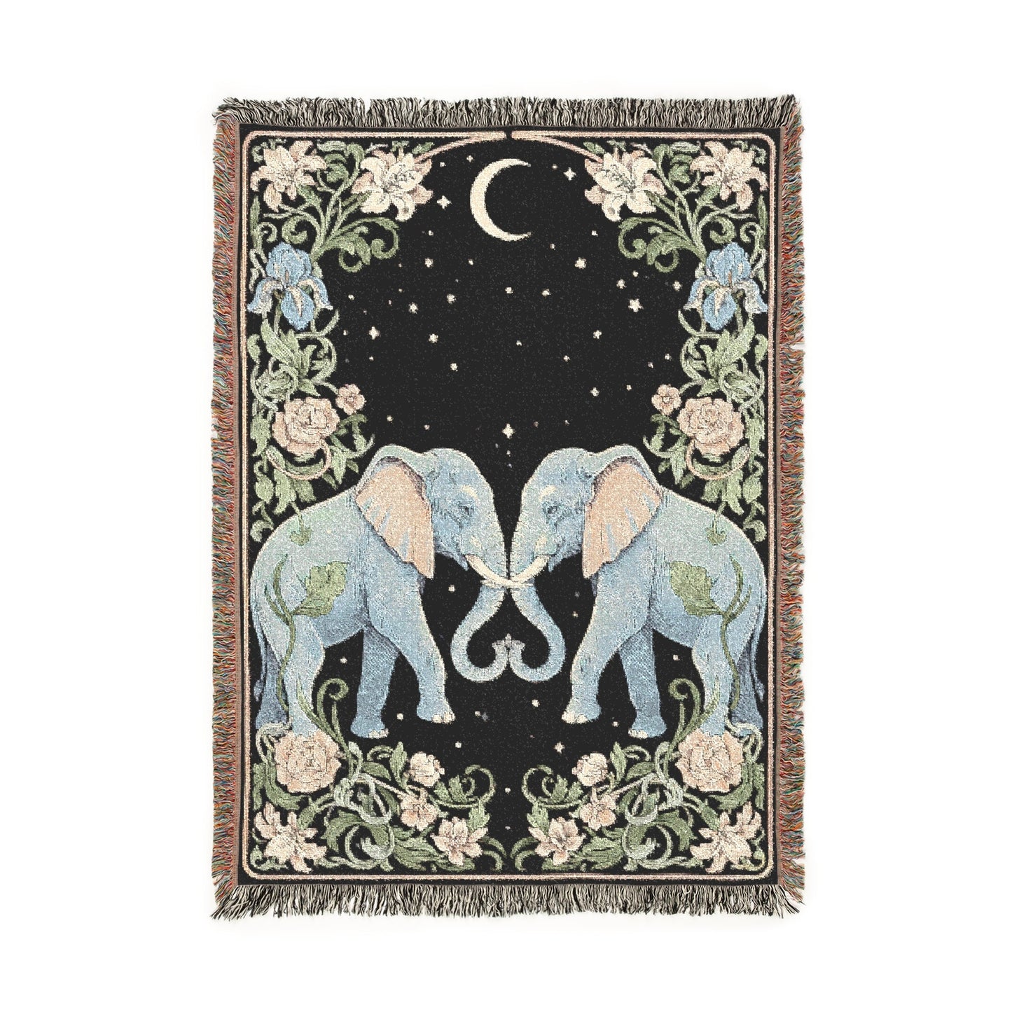 Elephant Woven Blanket, Celestial Tapestry, Romantic Couple Jacquard Throw, Moon Stars Art, Art Nouveau Botanical, Anniversary Wedding Gift