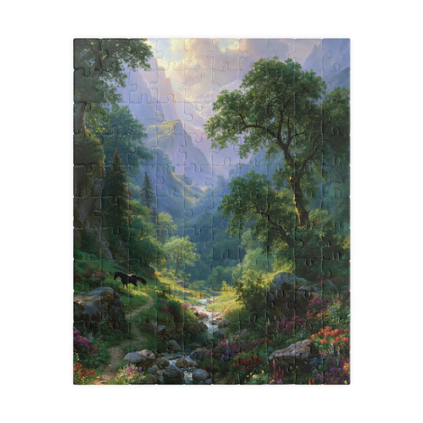Scenic Mountain Valley Jigsaw Puzzle, Wildflower Meadow Art, Black Horse Landscape, Nature Lover Gift, 500 1000 Piece Brain Teaser