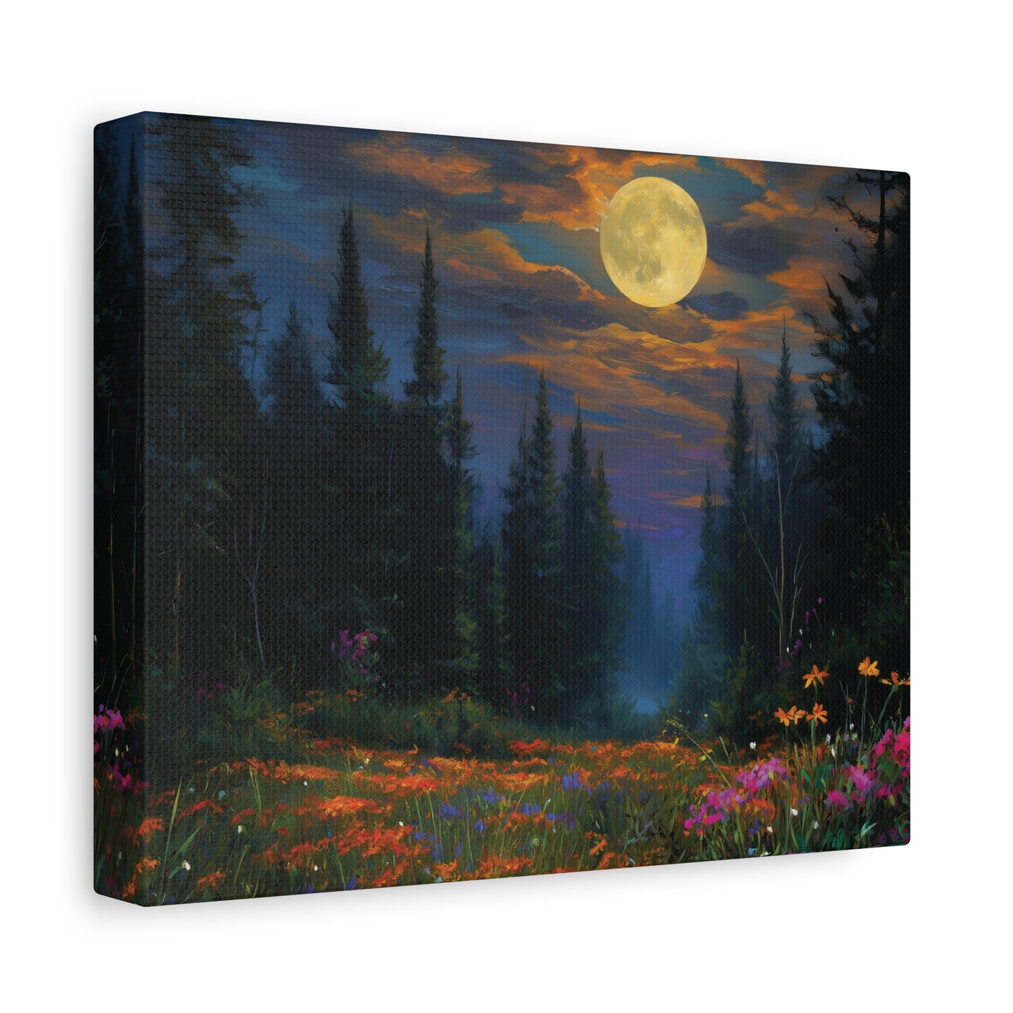 Celestial Moonlit Forest Wildflower Meadow Canvas Wall Art, Pine Trees Twilight Sky Print, Nature Lover Bedroom Living Room Cabin Decor