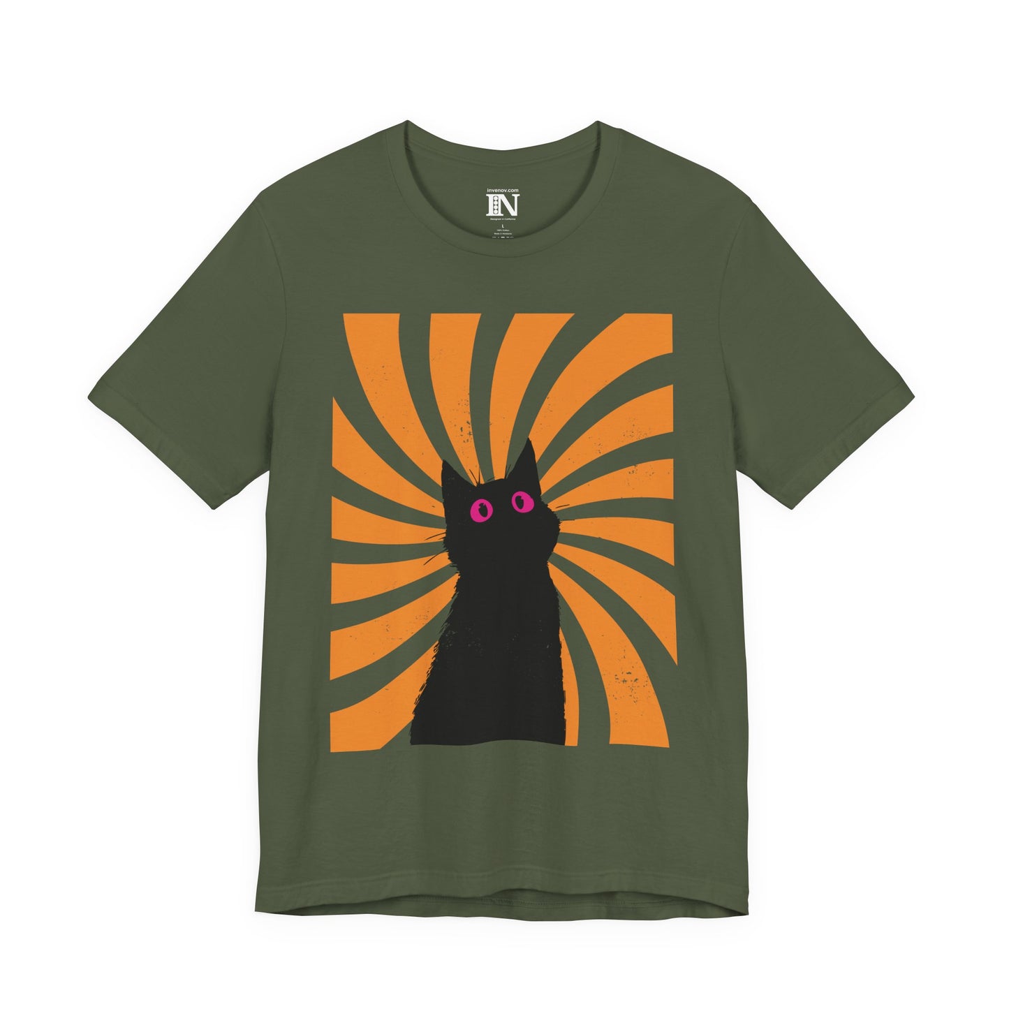 Black Graphic Cat Swirling Sunburst Shirt, Artistic Stylized Feline Tee, Distressed Style, Abstract Style Cat Pink Eye T-shirt, XS-3XL