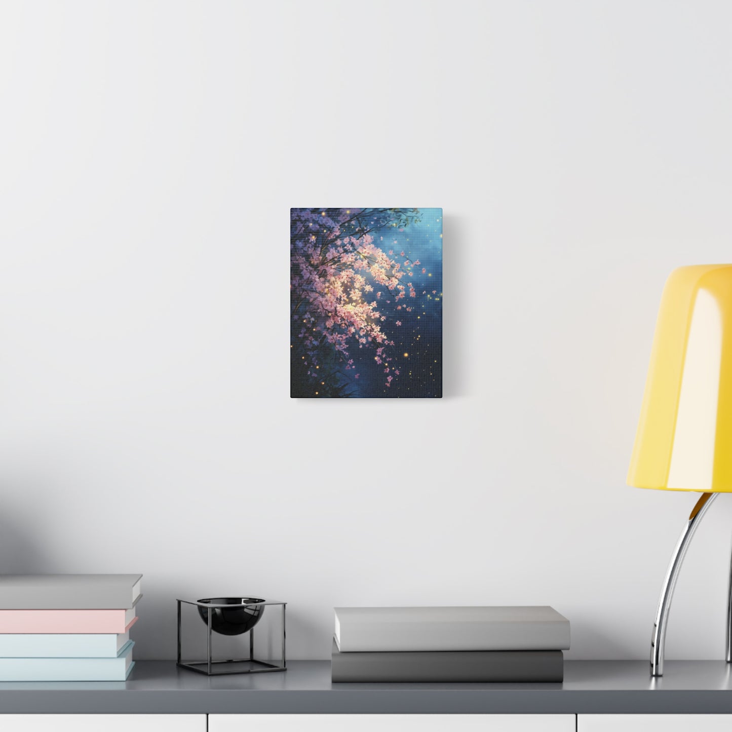 Cherry Blossom Night Scene Canvas Print, Magical Firefly Artwork, Ethereal Nature Wall Art, Sakura Flower Canvas Wall Art, Home Office Decor