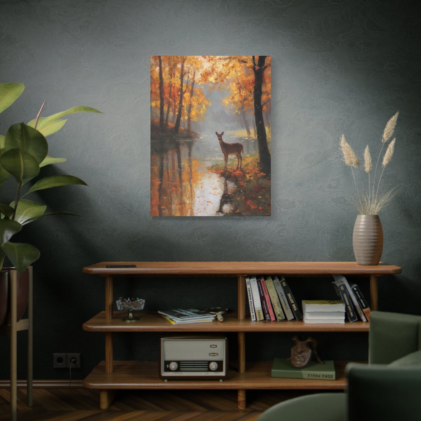 Autumn Deer Riverbank Canvas Art Painting, Autumn Fall Foliage Landscape, Wildlife Home Decor, Rustic Interior Wall Hanging