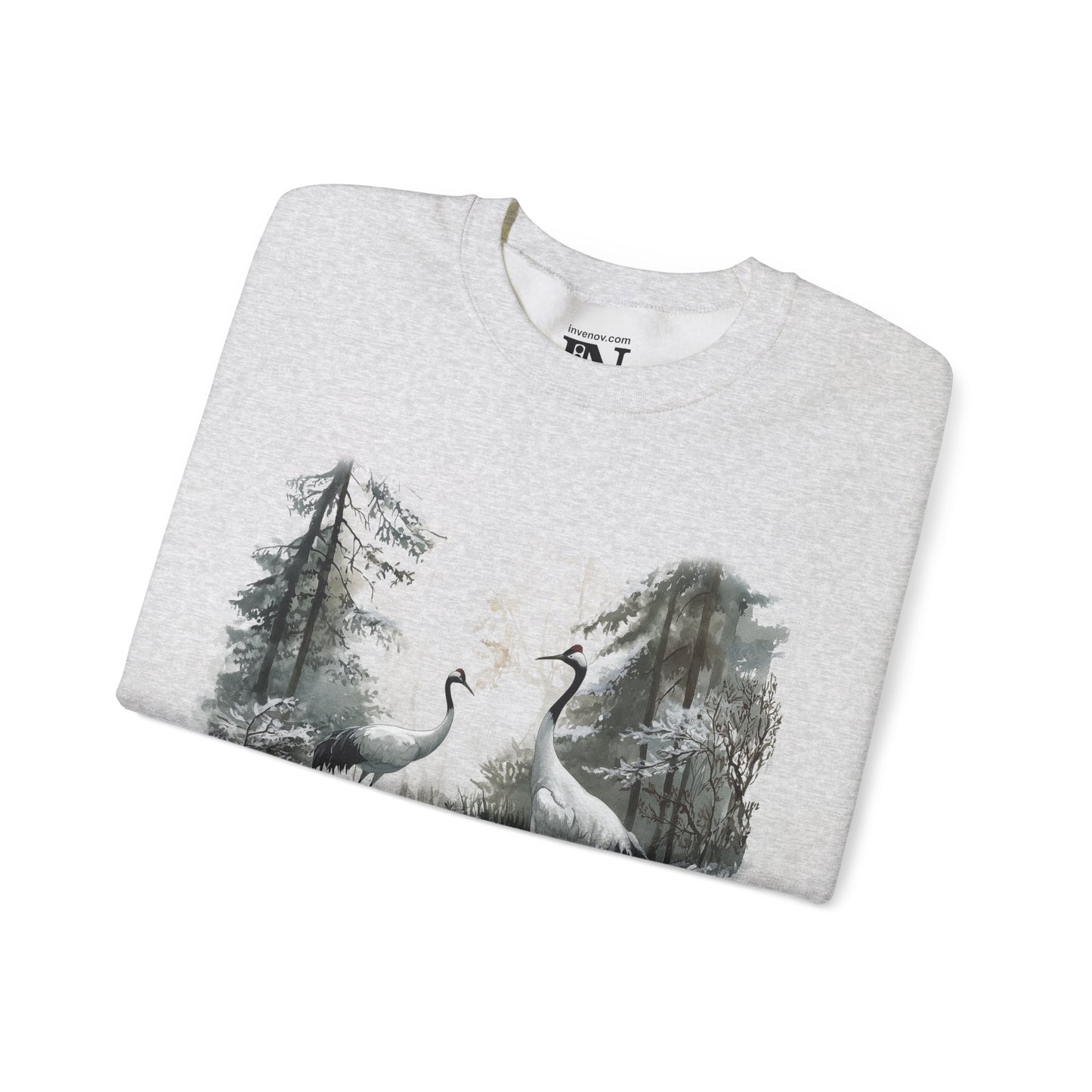 Retro Winter Crane Crewneck Sweatshirt, Spring Tranquil Forest Scene, Cozy Nature Art Sweater, Snowy Tree Jumper, Watercolor Crane Sweater