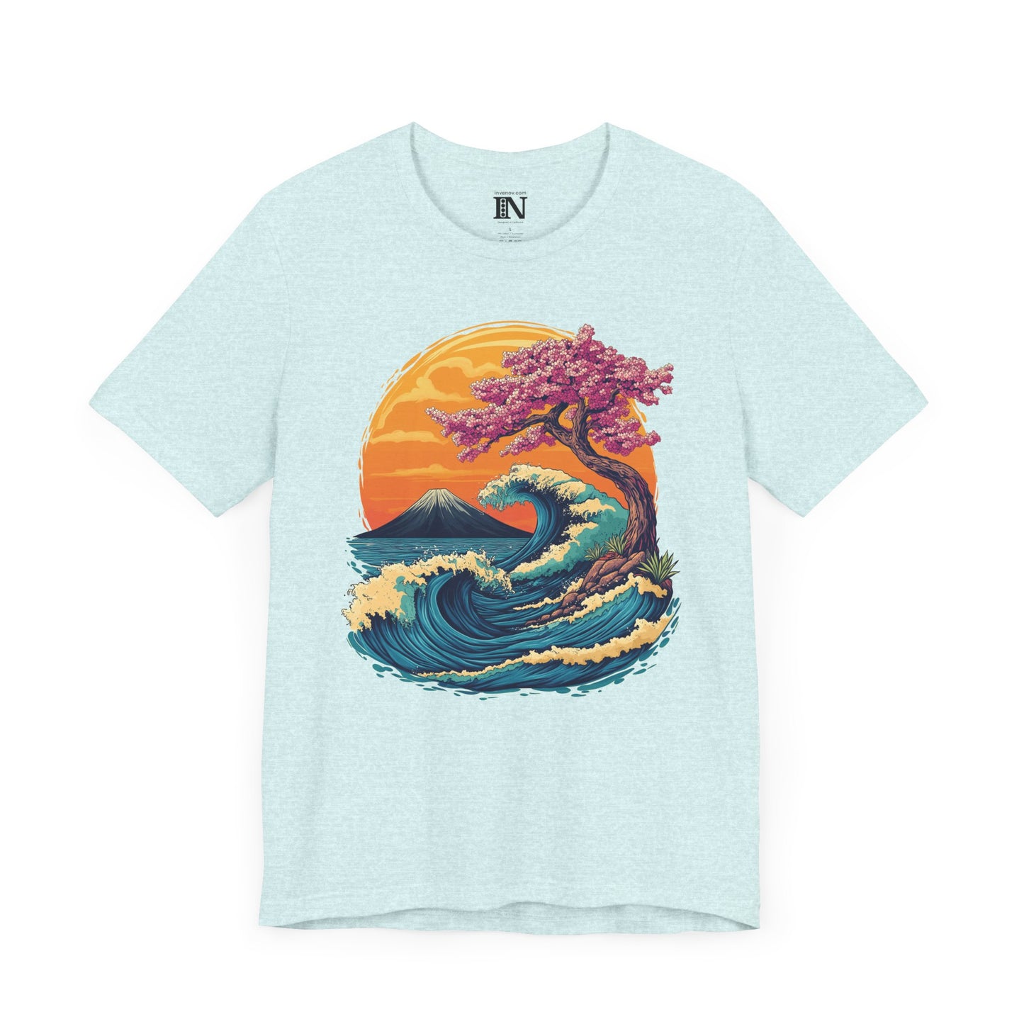 Vibrant Tropical Sakura Wave T-shirt, Ocean Sunset Tee, Japanese Inspired Top, Nature Graphic Shirt, Cherry Blossom, Mount Fuji Shirt