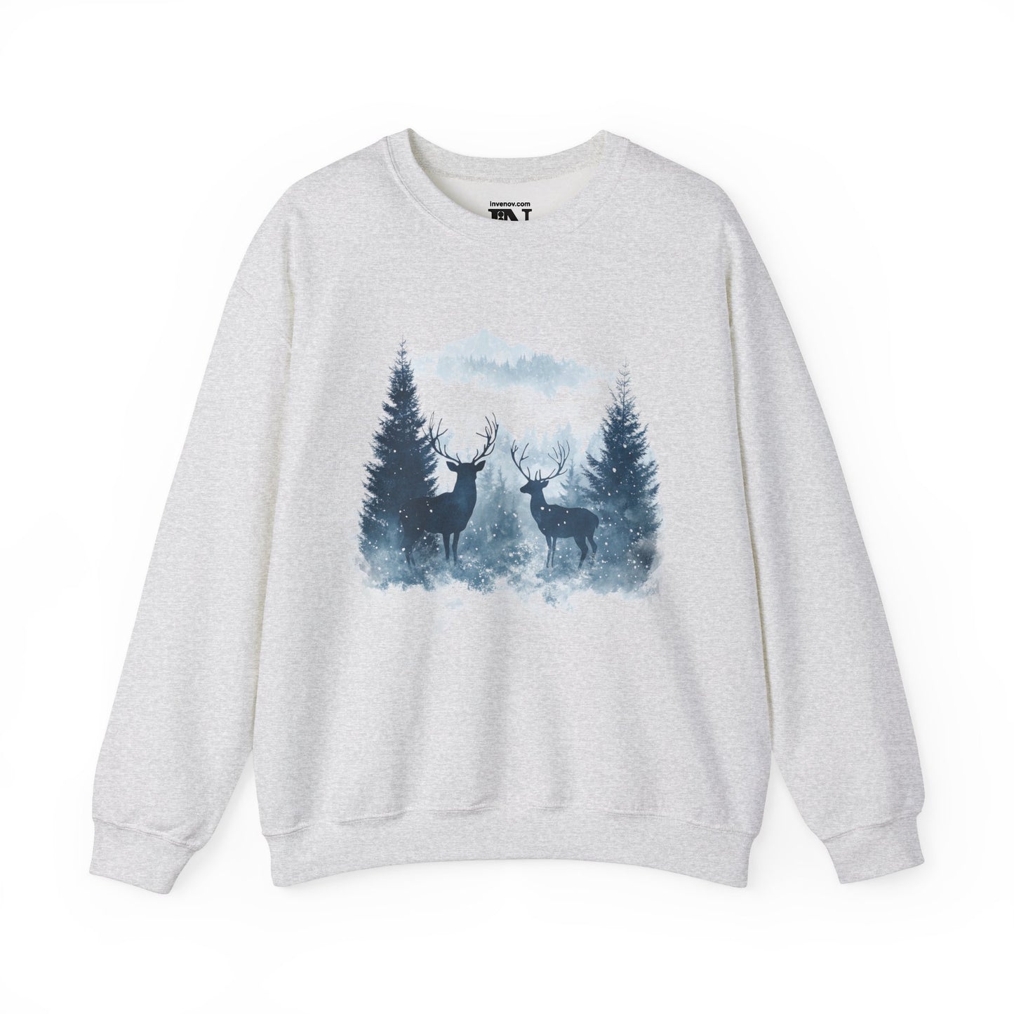 Winter Forest Deer Scene Sweatshirt, Snowy Evergreen Tree Graphic, Ethereal Watercolor Style, Peaceful Winter Atmosphere, Unisex Cozy