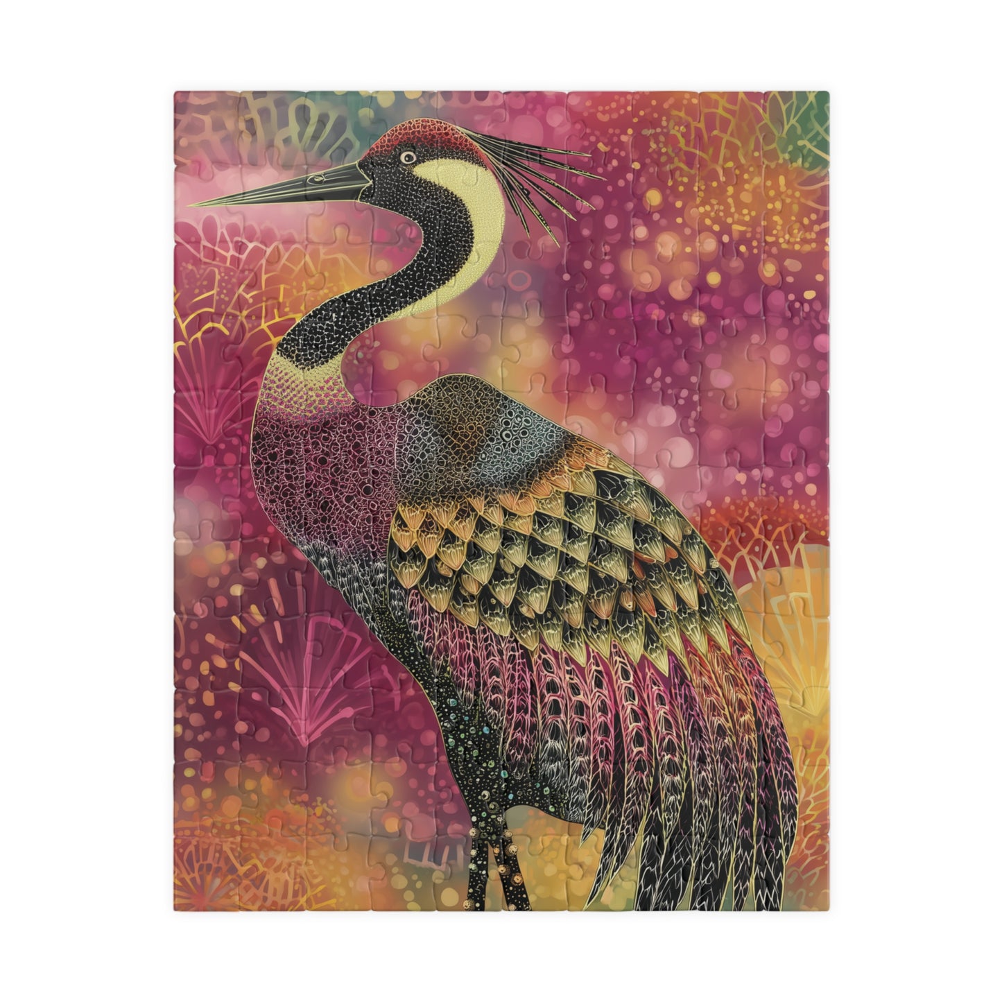 Colorful Crane Puzzle, Elegant Bird Lover's Jigsaw, Vibrant Heron Artistic Challenge Game, Mosaic Style Crane Puzzle, Difficult Puzzle
