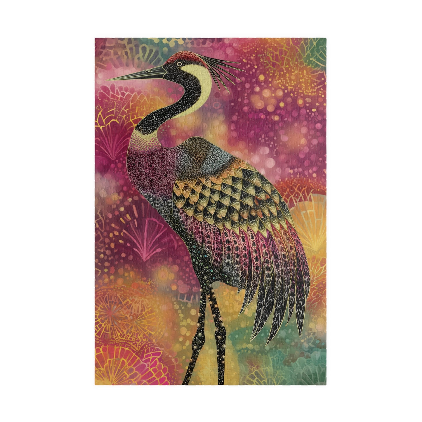 Colorful Crane Puzzle, Elegant Bird Lover's Jigsaw, Vibrant Heron Artistic Challenge Game, Mosaic Style Crane Puzzle, Difficult Puzzle