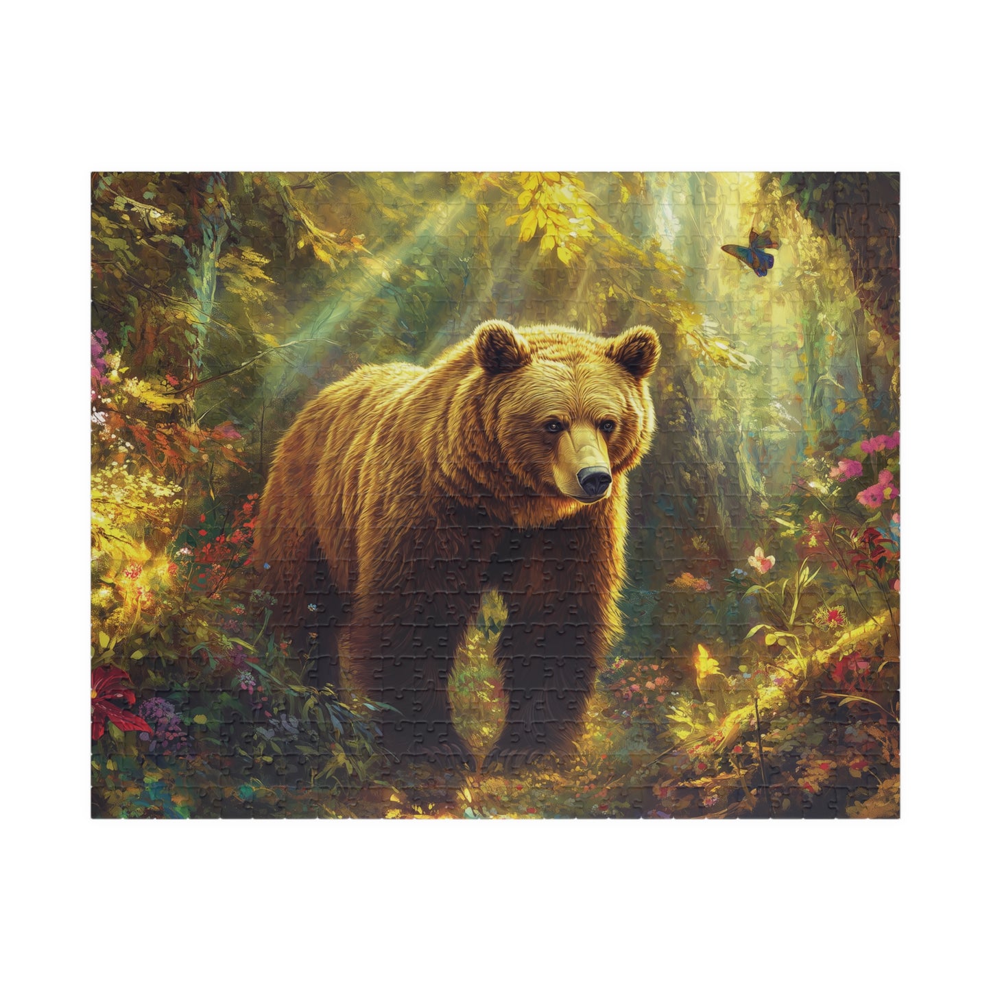 Majestic Bear Jigsaw Puzzle, Bear Lover Gift, Enchanted Woodland Jungle, Floral Wood Wildflowers Puzzle, Nature Enthusiast Gift, Wall Art