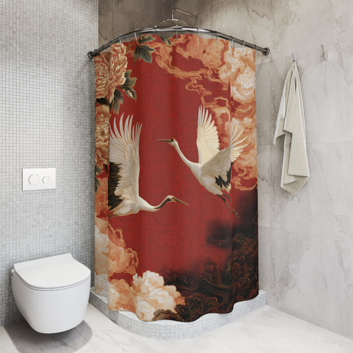 A shower curtain hanging in a modern bathroom, featuring a red background with two white cranes in flight and peach-toned clouds. The bathroom has gray tiled walls, a white toilet, and a folded towel hanging on the wall.