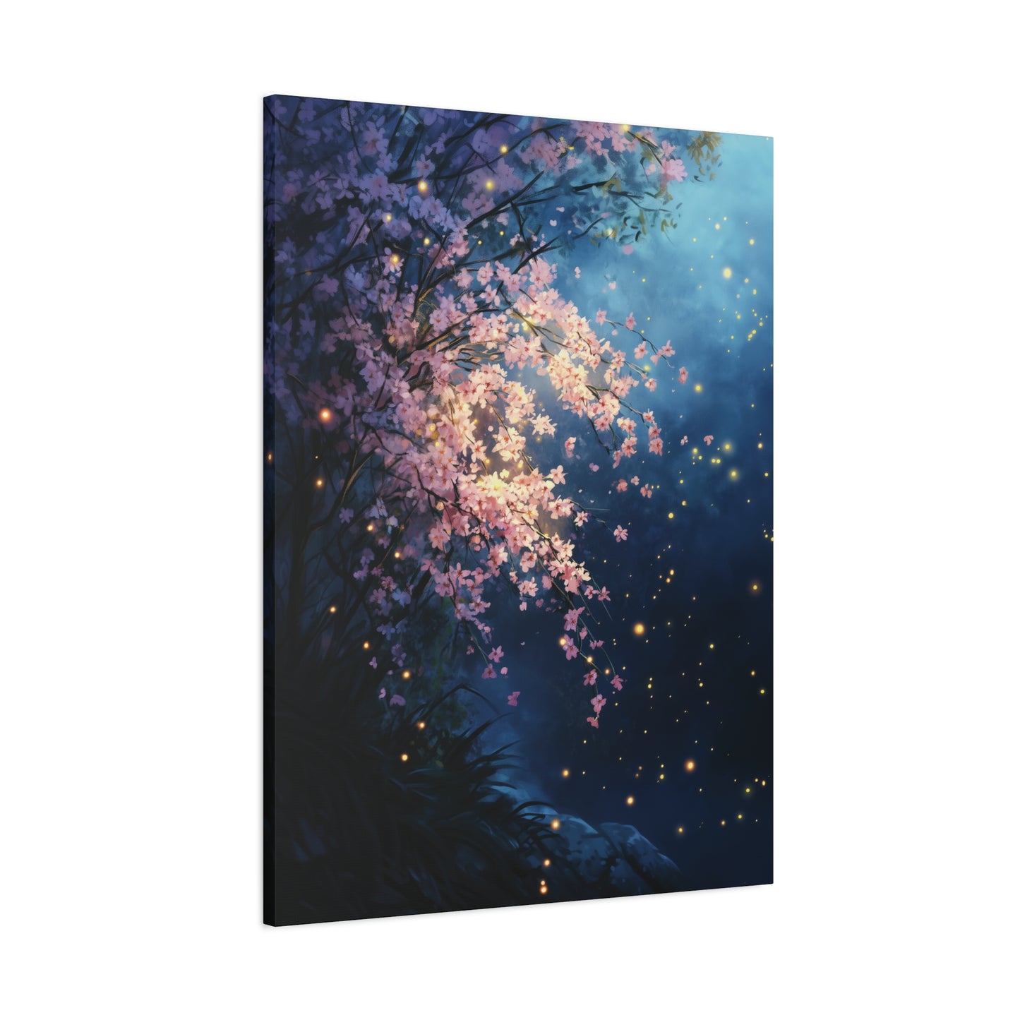 Cherry Blossom Night Scene Canvas Print, Magical Firefly Artwork, Ethereal Nature Wall Art, Sakura Flower Canvas Wall Art, Home Office Decor