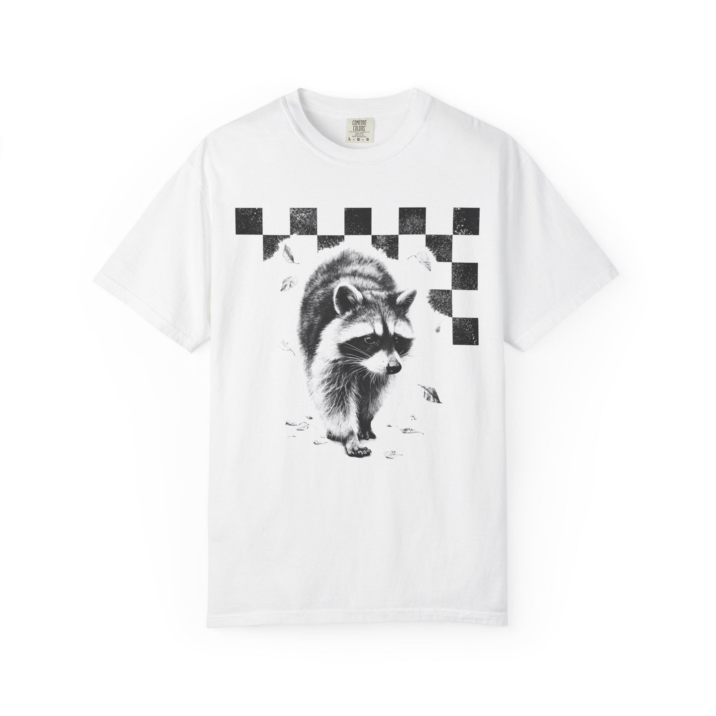 Comfort Colors Raccoon Graphic Tee, Fall Autumn Season Shirt, Nature-Inspired Minimalist Top, Checkerboard Graphic Shirt, Wildlife Lover
