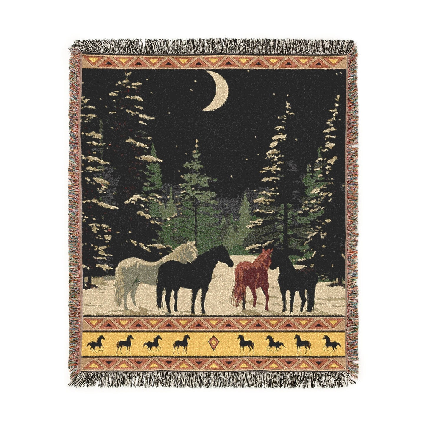 Southwestern Horse Woven Blanket, Winter Scene Tapestry, Rustic Cabin Decor Jacquard Throw, Western Equestrian Snowy Moonlit Forest Art
