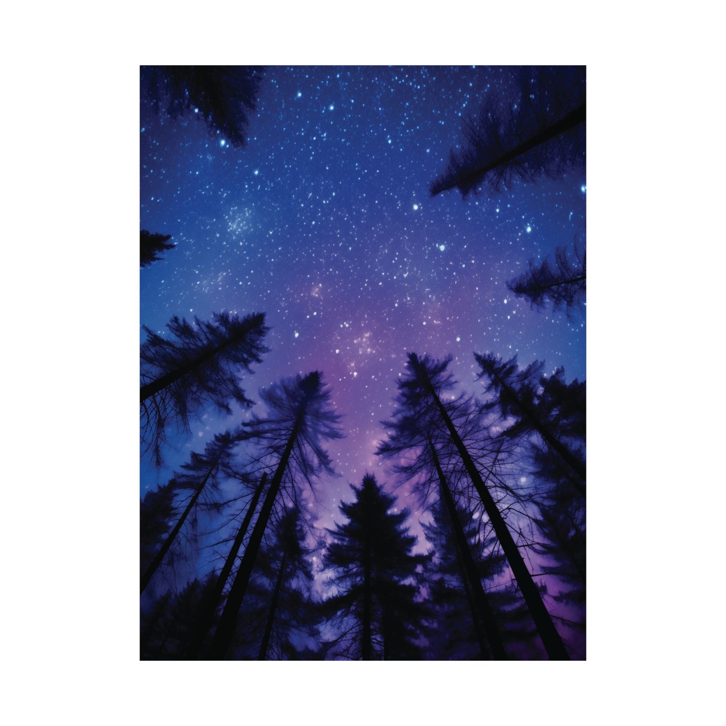 Celestial Starry Night Sky Poster, Trees Silhouette Astronomy Print, Nature Lover Home Decor, Galaxy Wall Art Gift, Dreamy Purple Blue Sky