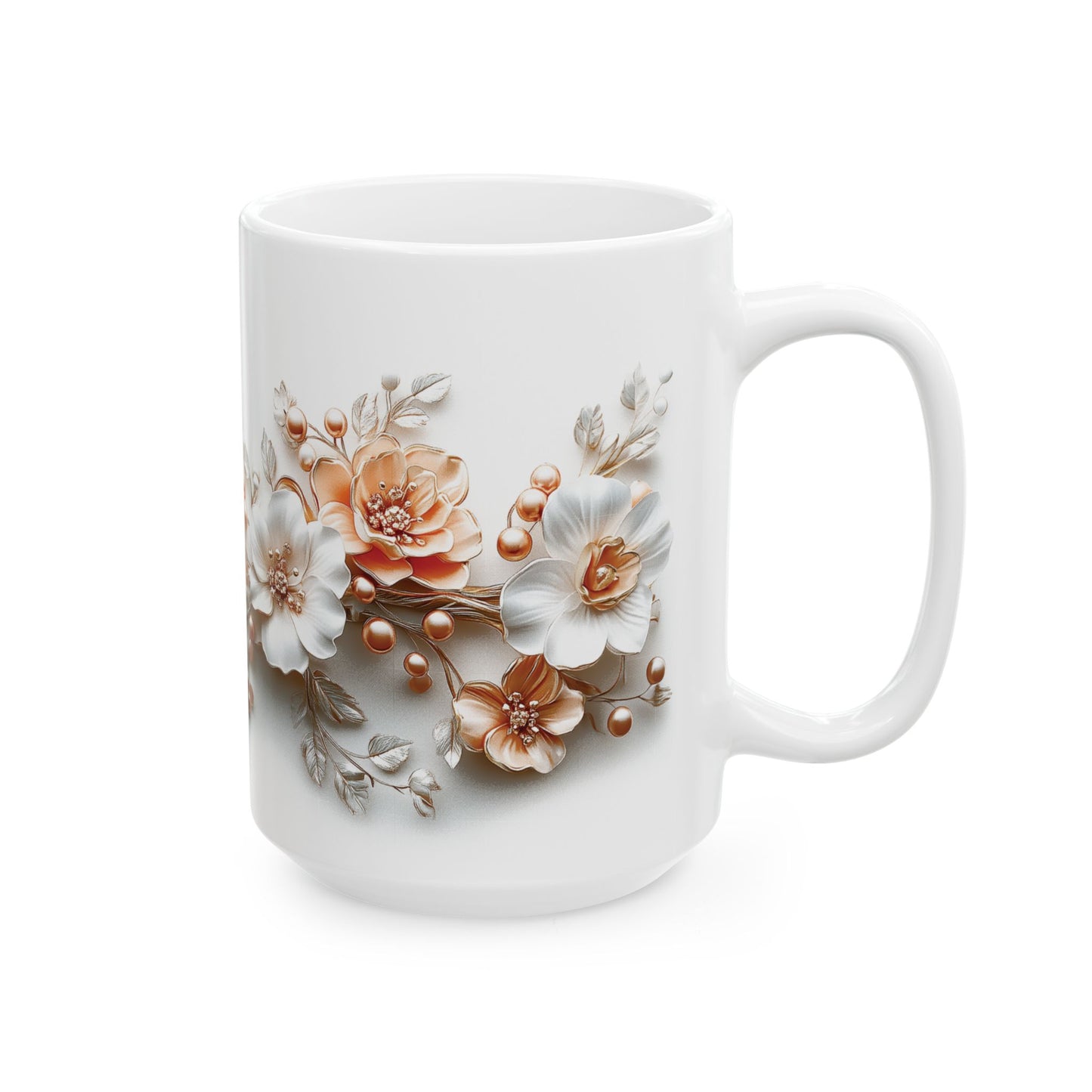 Floral Ceramic Mug, Mother's Day Gift, Peach and White Flower Design, Coffee Tea Cup, Appreciation Gift, Gift for Her, Mother's Day Present