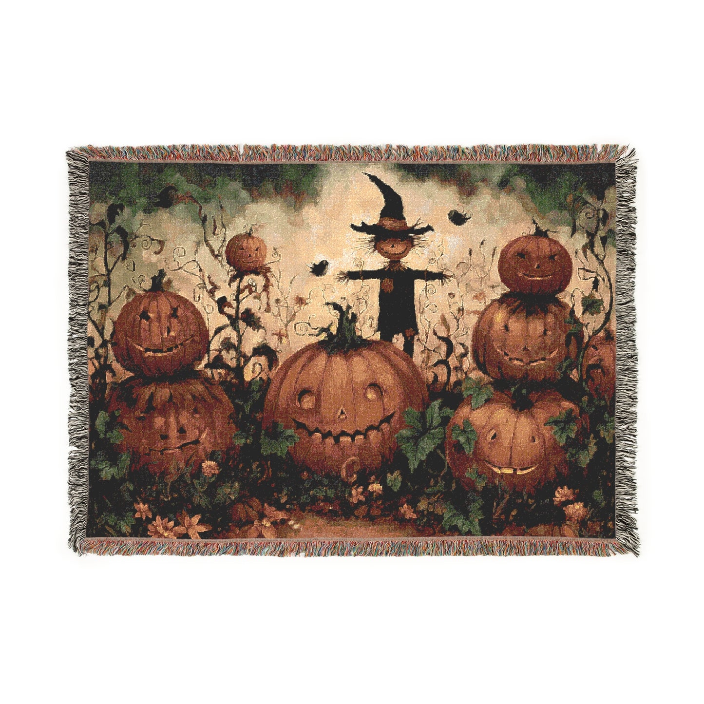 Halloween Woven Blanket, Fall Scarecrow Jack-o'-lantern Throw, Autumn Tapestry, Festive Home Decor, Cozy Couch Blanket, Halloween Party