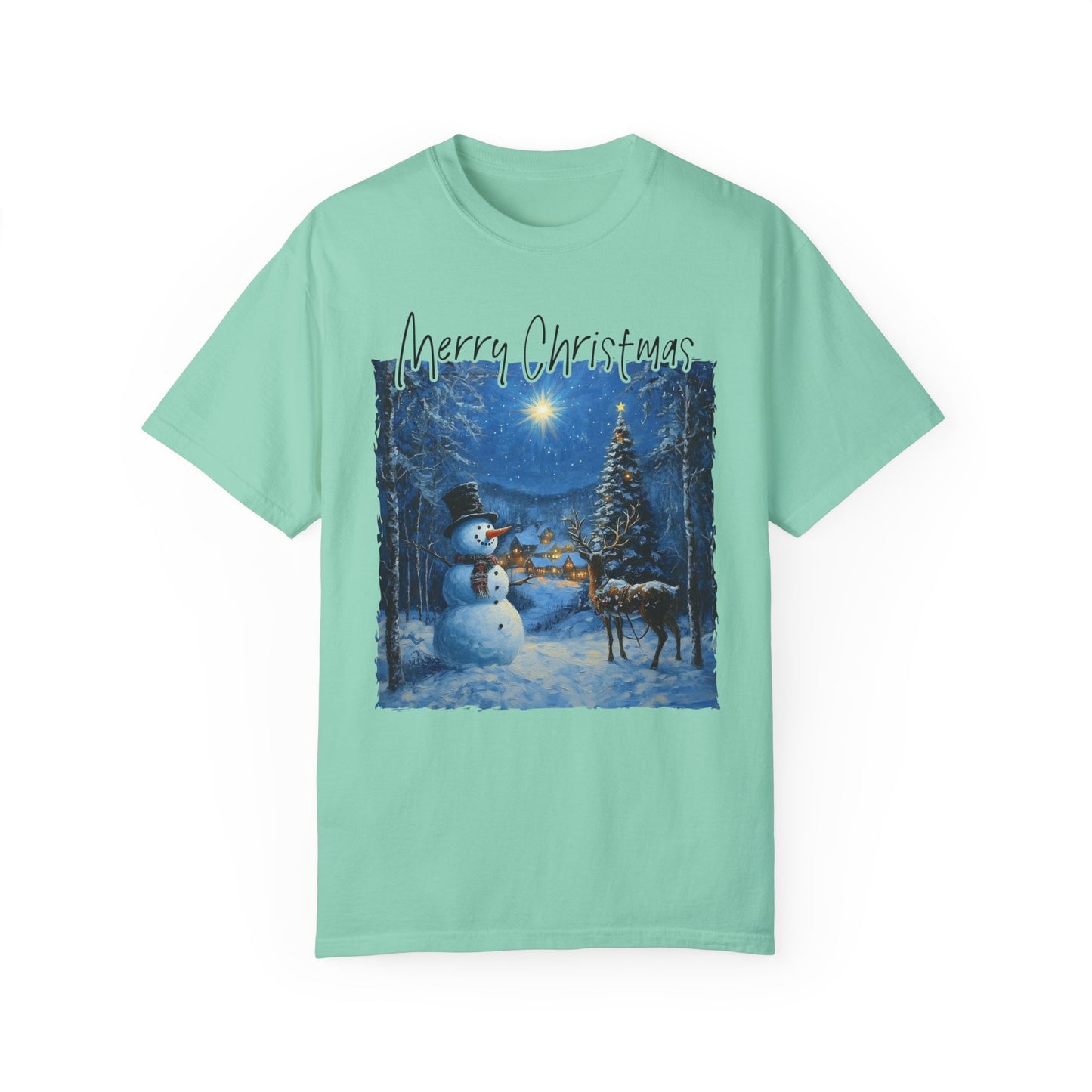 Snowman and Reindeer T-shirt, Winter Forest Holiday Tee, Christmas Scene Shirt, Magical Snowy Landscape Top, Festive Holiday Clothing,