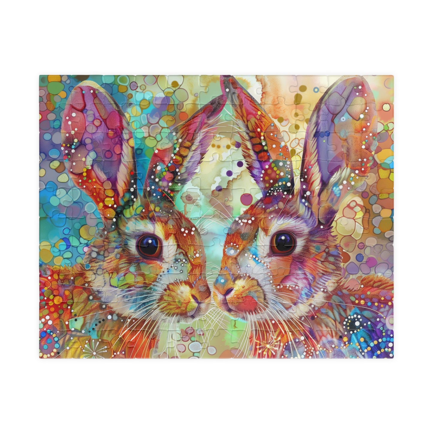 Colorful puzzle of two rabbits with a vibrant, abstract background