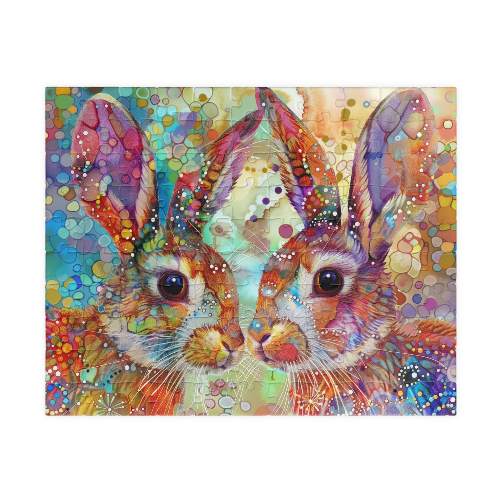 Colorful puzzle of two rabbits with a vibrant, abstract background