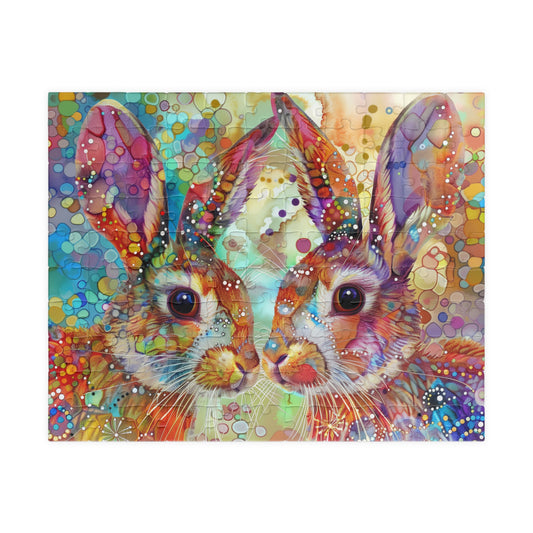 Colorful puzzle of two rabbits with a vibrant, abstract background