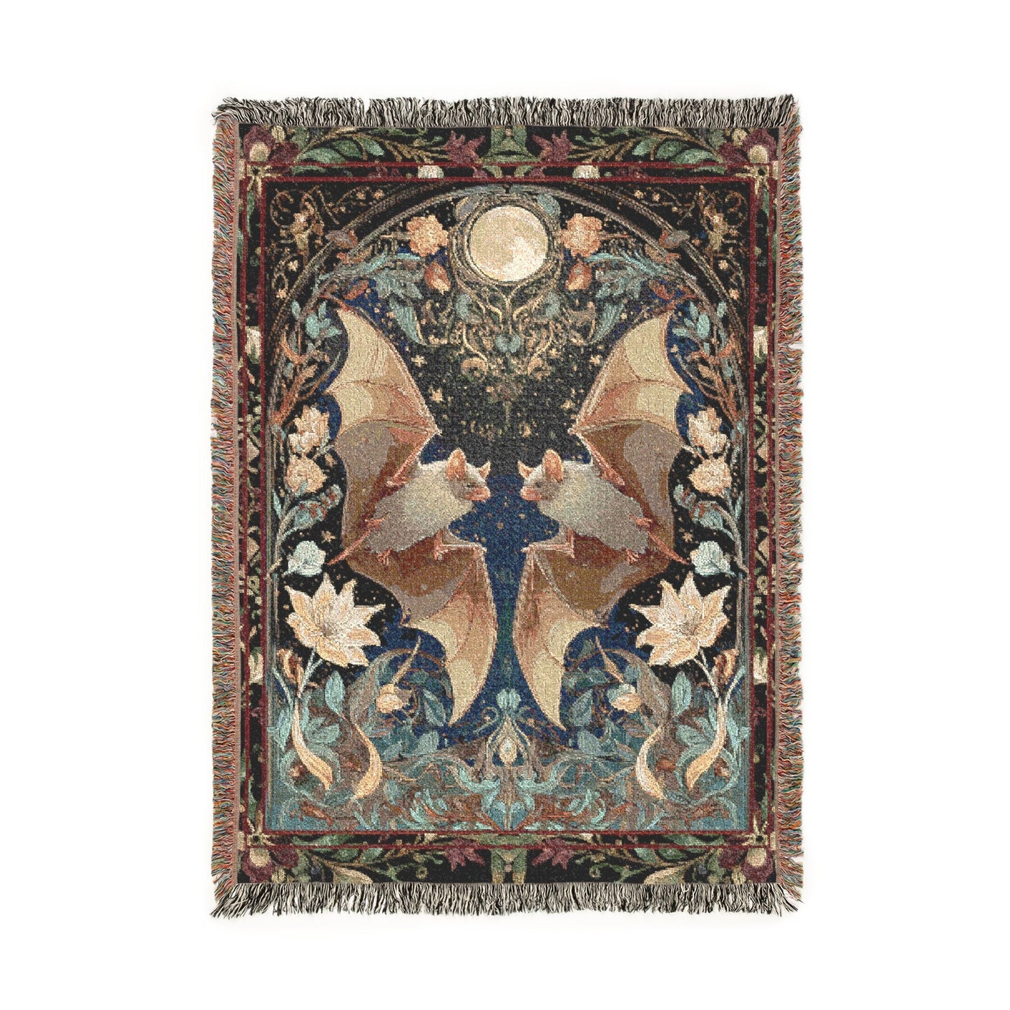Bat Woven Blanket, Gothic Tapestry, Celestial Wall Hanging, Witchy Moody Botanical Art Jacquard Throw, Dark Academia Whimsigoth Wedding Gift