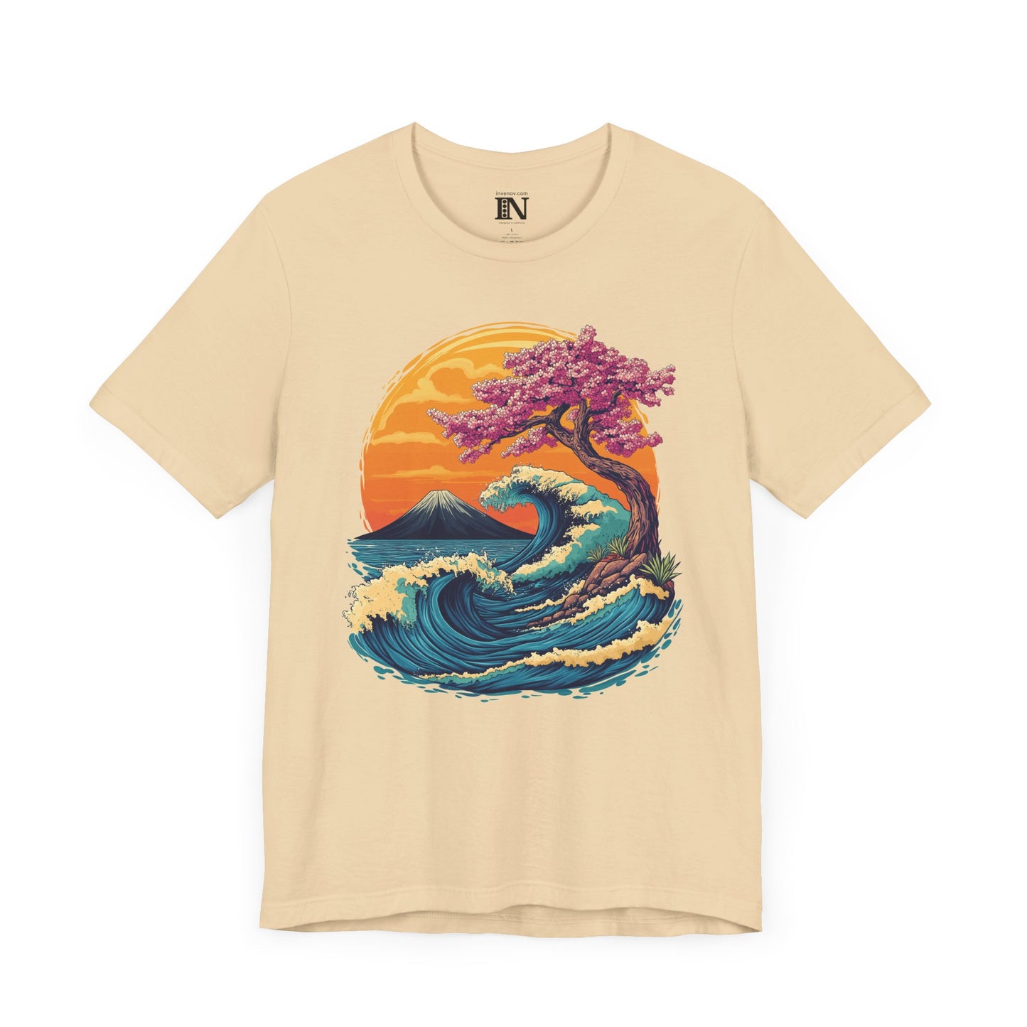 Vibrant Tropical Sakura Wave T-shirt, Ocean Sunset Tee, Japanese Inspired Top, Nature Graphic Shirt, Cherry Blossom, Mount Fuji Shirt