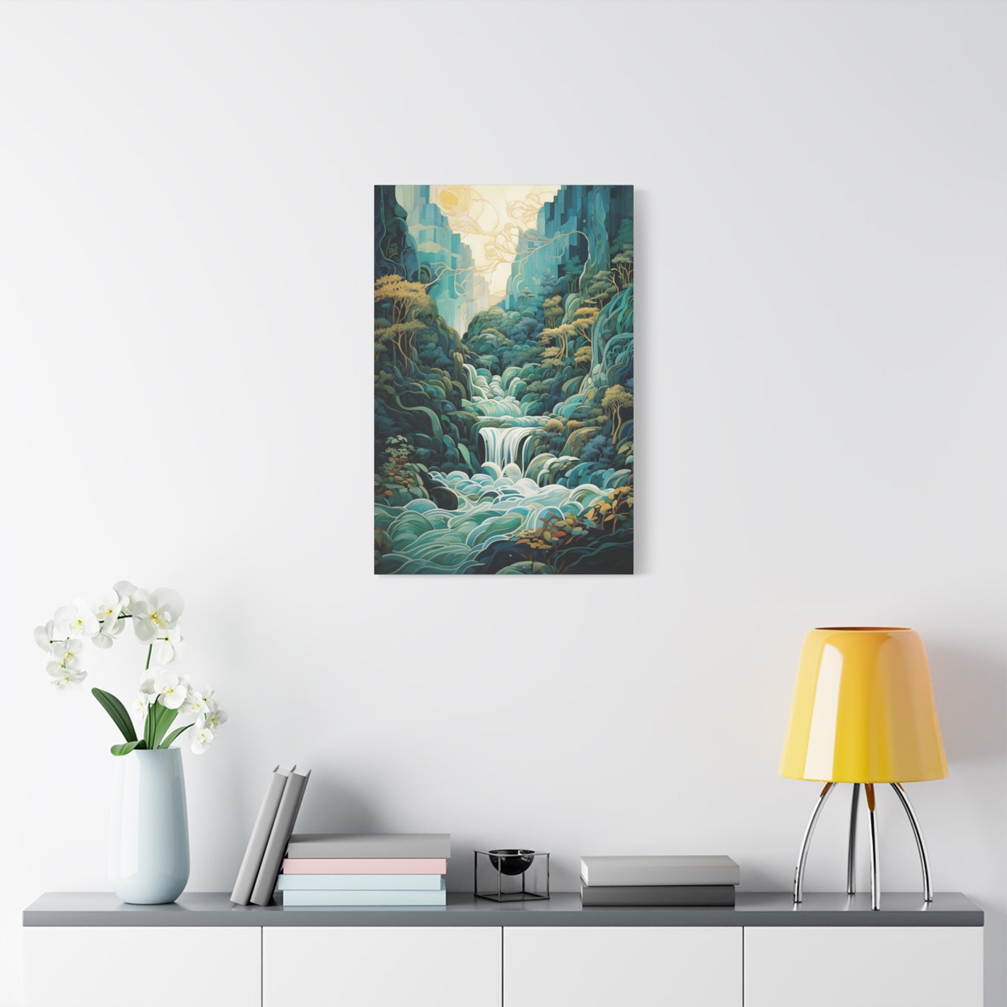 Waterfall Landscape Abstract Style Canvas Wall Art, Teal Green Blue Wall Decor, Nature Artwork, Modern Home Decor, Serene Art Print