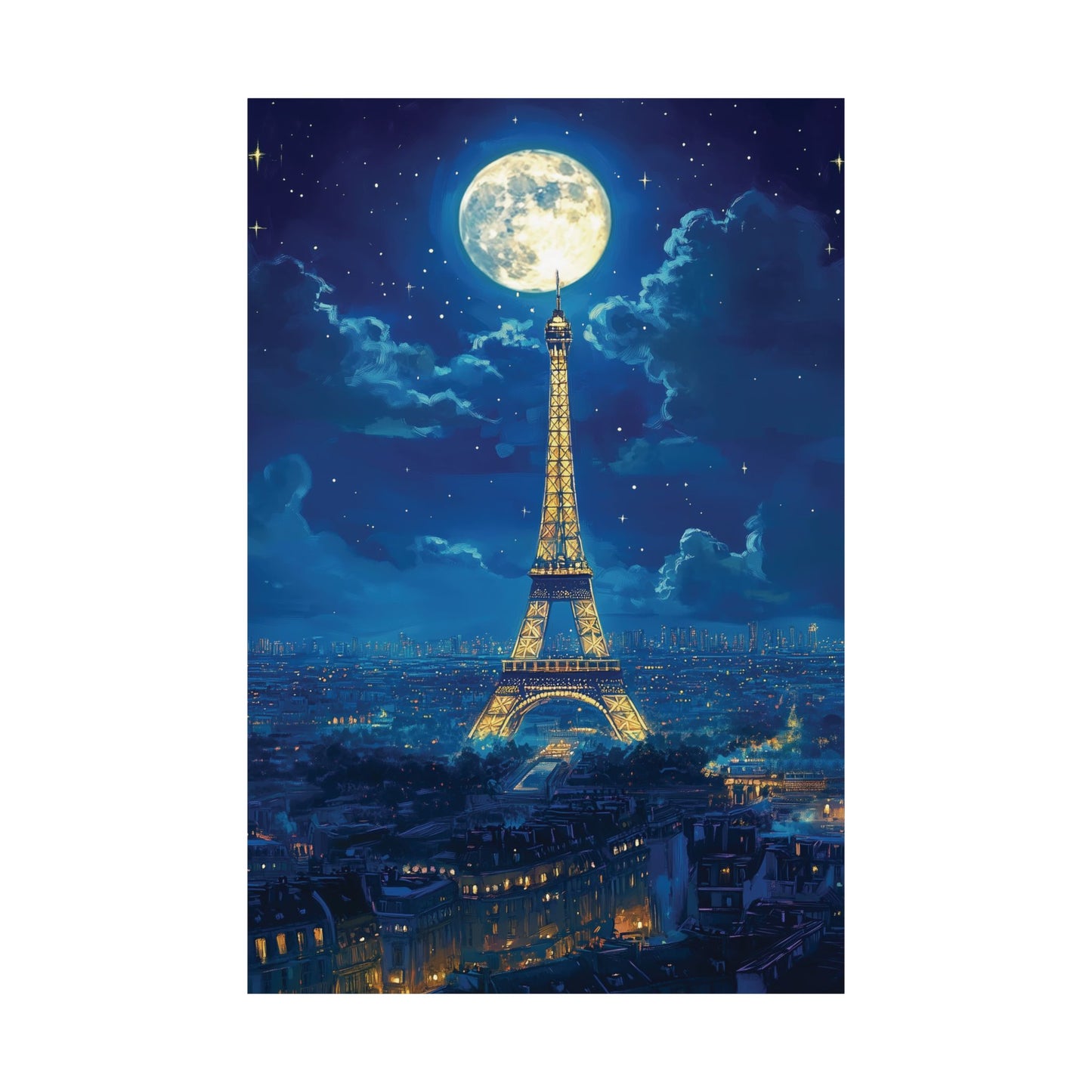 Paris Night View Poster, Eiffel Tower Illuminated in Golden Lights Wall Art, Celestial Paris Art Print, Romantic Paris Home Office Decor