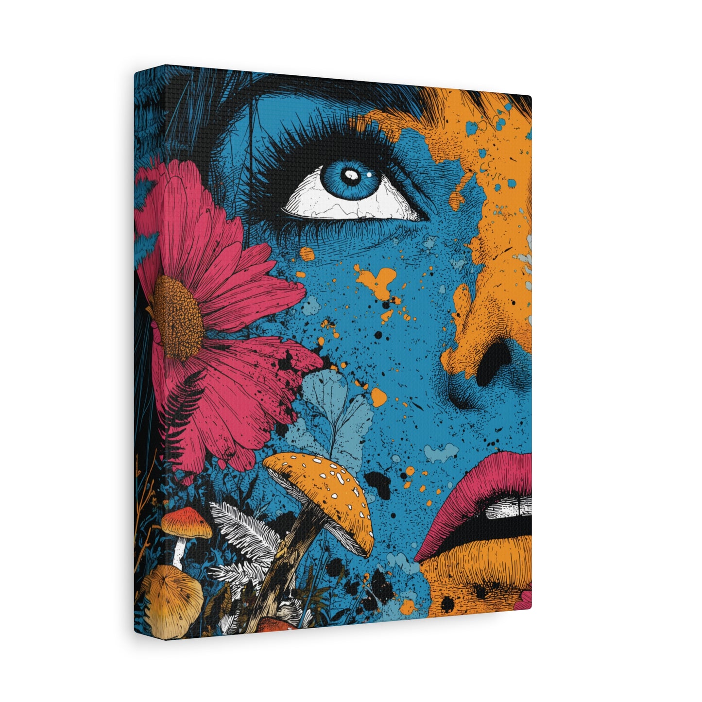 Woman's Face Surrealism and Psychedelic Pop Canvas Art Print, Whimsical Mushrooms and Floral Pop Art, Edgy Art Decor, Living Room Decoration