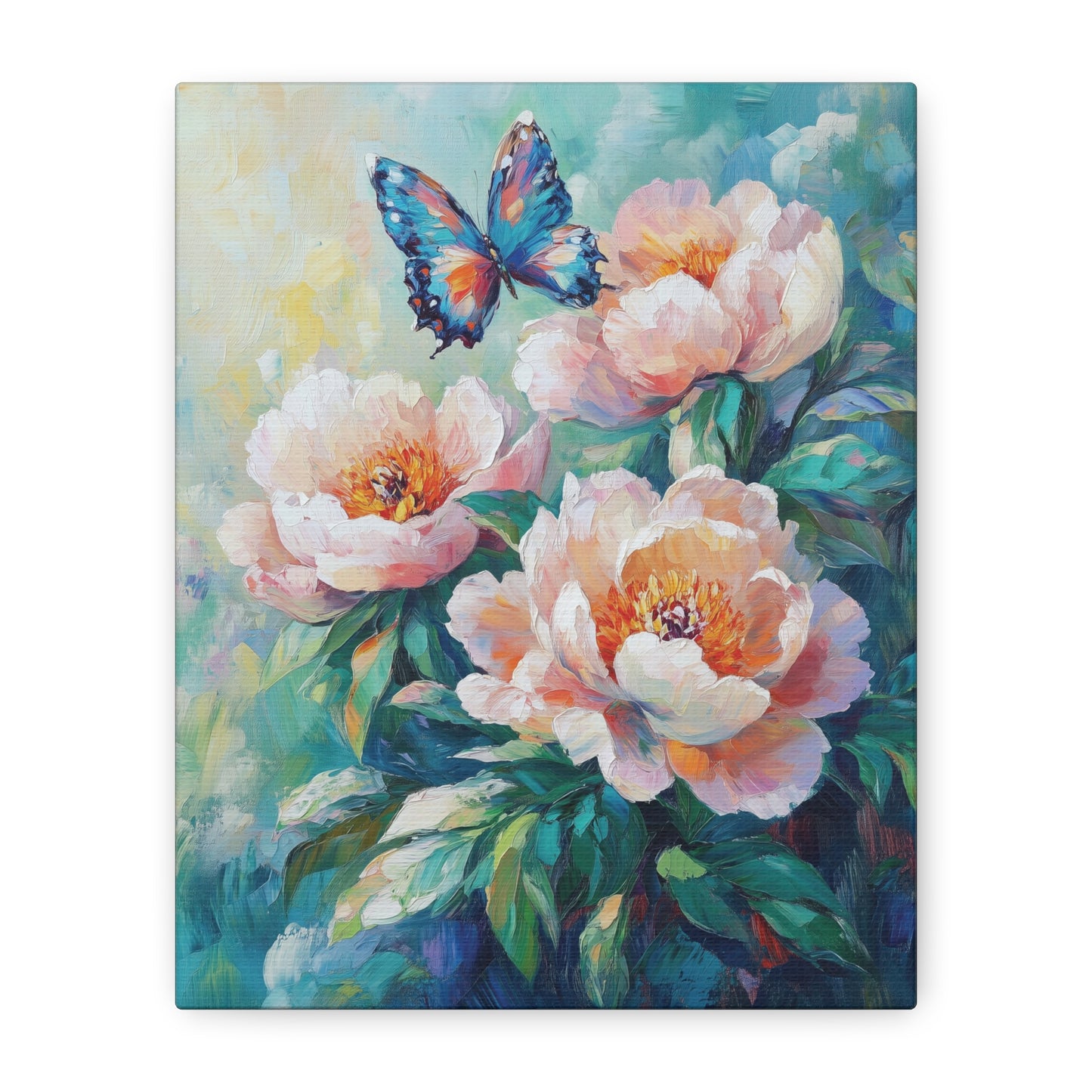 Pink Peach Peony Floral Canvas Print Art, Butterfly Wall Decor, Flower and Butterfly Canvas, Nature Lover Gift, Oil Painting Style Wall Art