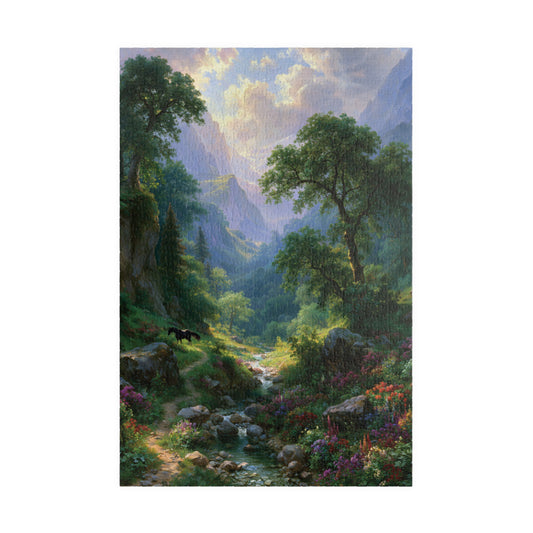 Scenic Mountain Valley Jigsaw Puzzle, Wildflower Meadow Art, Black Horse Landscape, Nature Lover Gift, 500 1000 Piece Brain Teaser