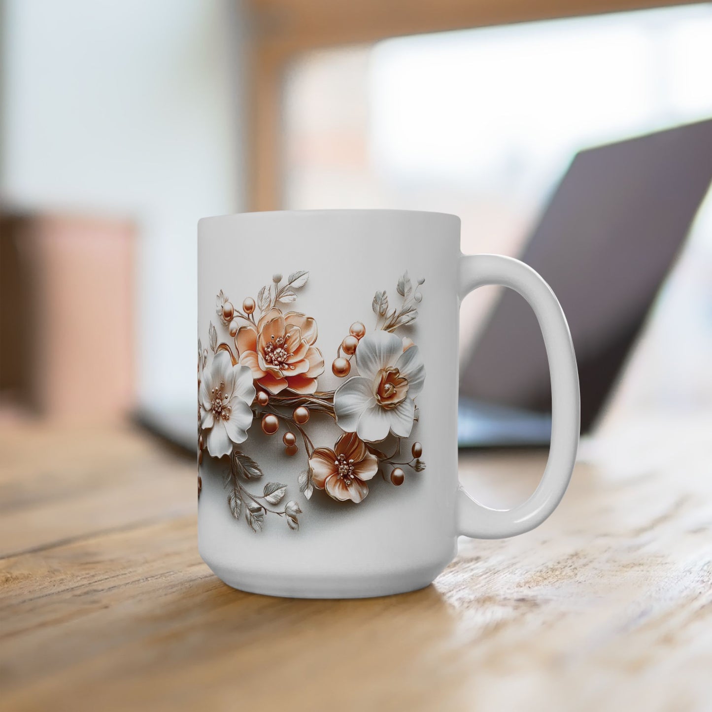 Floral Ceramic Mug, Mother's Day Gift, Peach and White Flower Design, Coffee Tea Cup, Appreciation Gift, Gift for Her, Mother's Day Present