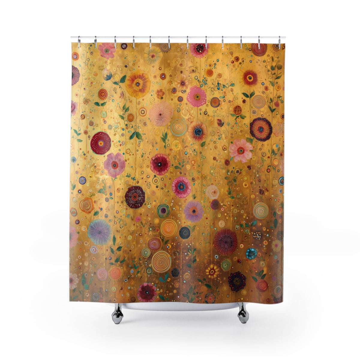 A shower curtain with a vintage Klimt-style floral pattern in gold, pink, red, and green