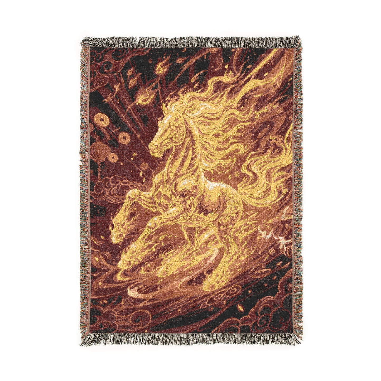 Fiery Horse Woven Blanket, Golden Fantasy Tapestry, Year of the Horse Gift, Chinese New Year 2026 Jacquard Throw, Equestrian Wall Decor