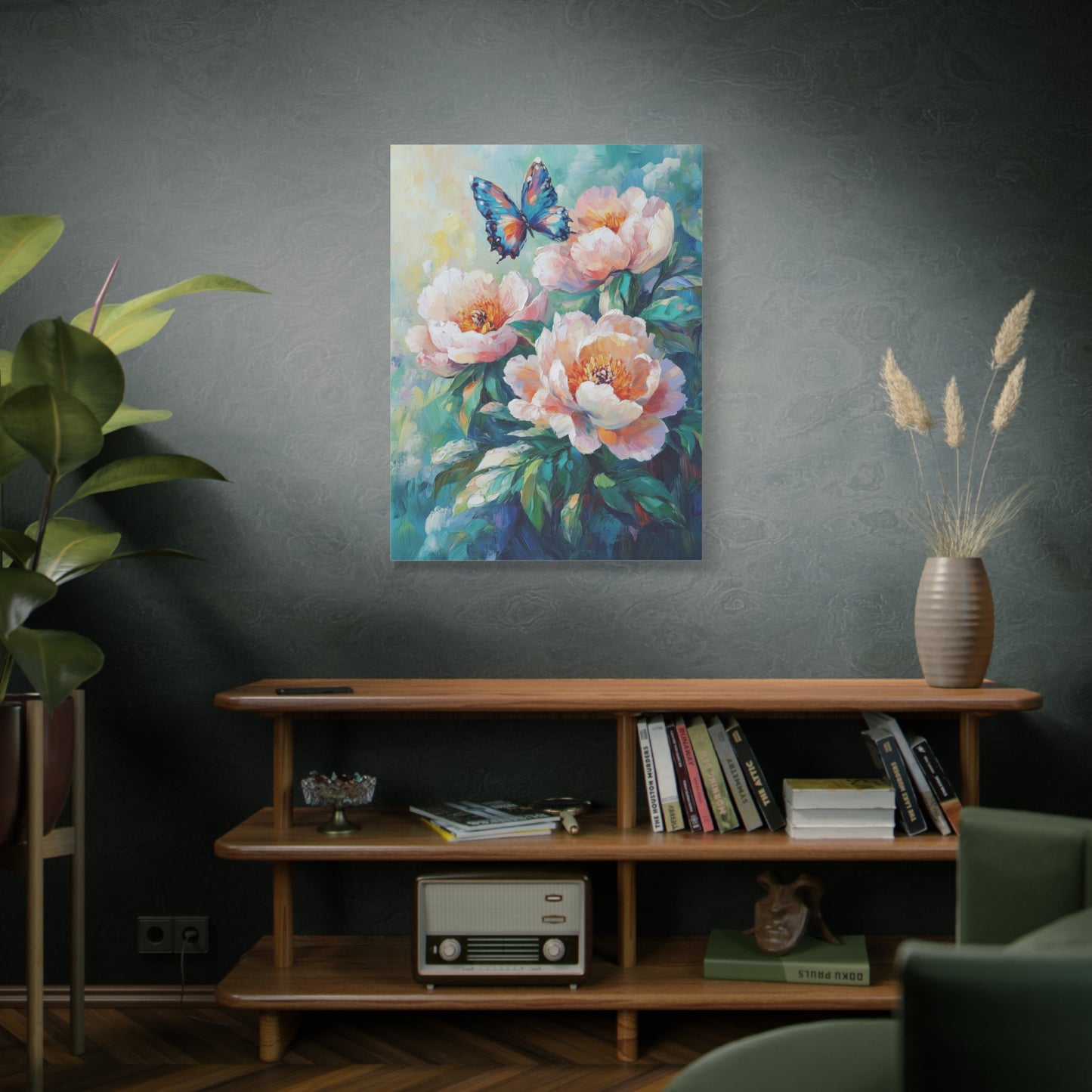 Pink Peach Peony Floral Canvas Print Art, Butterfly Wall Decor, Flower and Butterfly Canvas, Nature Lover Gift, Oil Painting Style Wall Art