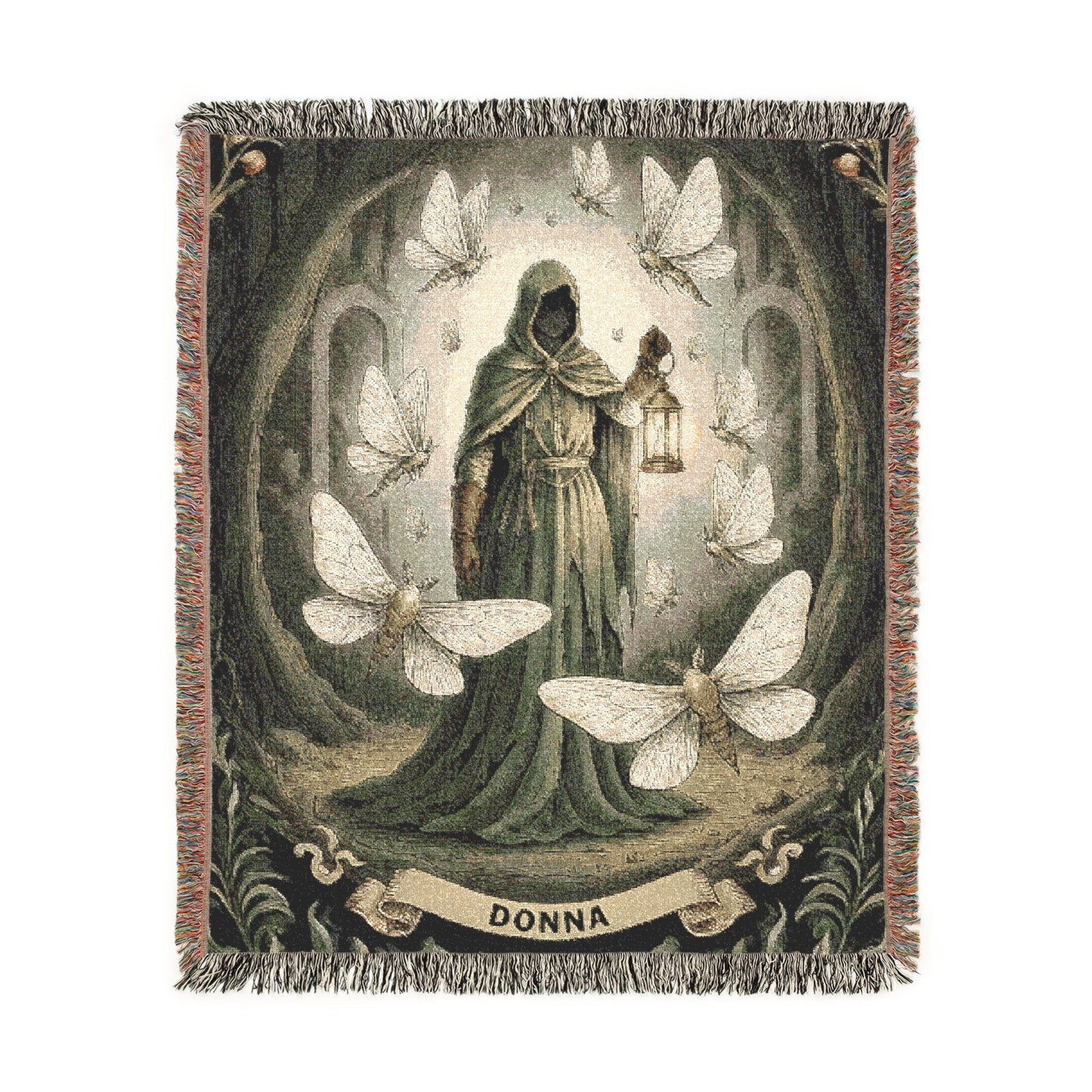 Personalized Gothic Woven Blanket, Custom Name Dark Fantasy Tapestry, Moth and Lantern Jacquard Throw, Dark Academia Goblincore Home Decor