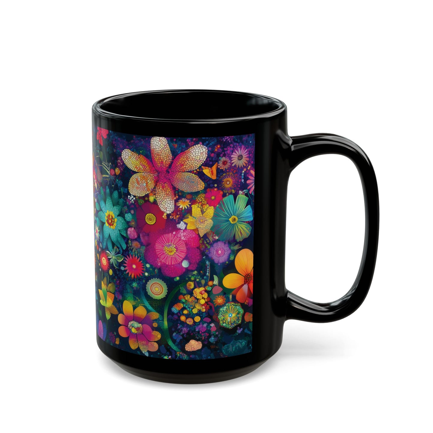 Colorful Floral Garden Black Mug, Vibrant Flower Art Coffee Cup, Gift for Mom, Mosaic Style Drinking Mug, Butterfly and Orb Design