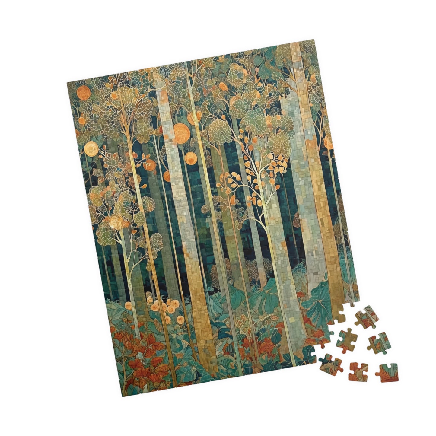 Jigsaw puzzle with a forest design on a white background