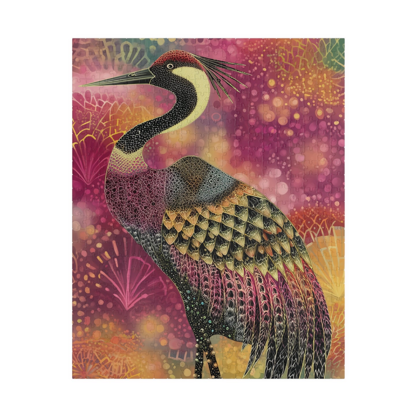 Colorful Crane Puzzle, Elegant Bird Lover's Jigsaw, Vibrant Heron Artistic Challenge Game, Mosaic Style Crane Puzzle, Difficult Puzzle