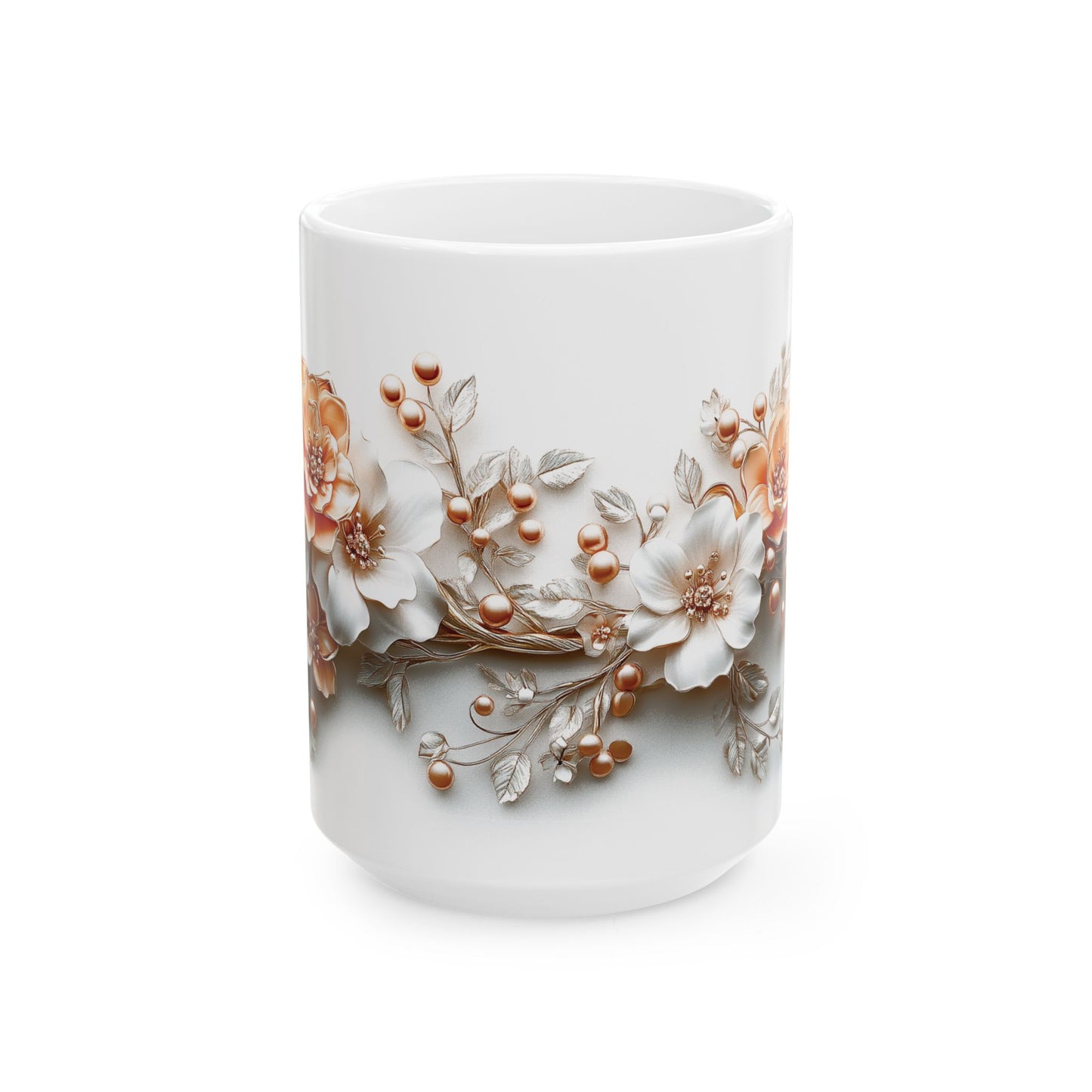 Floral Ceramic Mug, Mother's Day Gift, Peach and White Flower Design, Coffee Tea Cup, Appreciation Gift, Gift for Her, Mother's Day Present