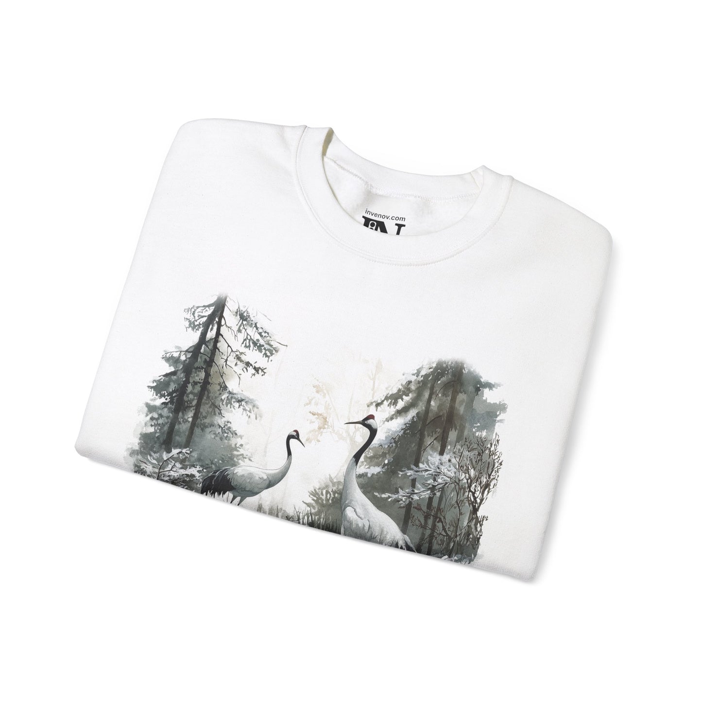 Retro Winter Crane Crewneck Sweatshirt, Spring Tranquil Forest Scene, Cozy Nature Art Sweater, Snowy Tree Jumper, Watercolor Crane Sweater