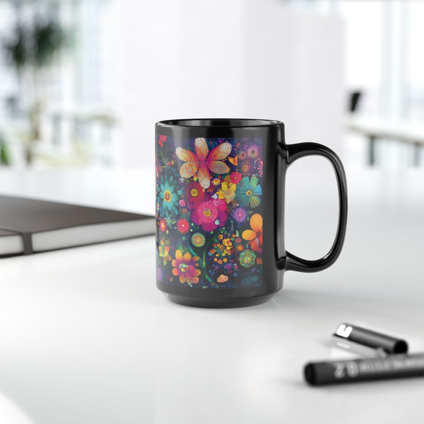 Colorful Floral Garden Black Mug, Vibrant Flower Art Coffee Cup, Gift for Mom, Mosaic Style Drinking Mug, Butterfly and Orb Design