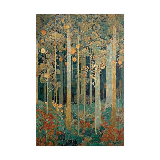Puzzle of an artistic depiction of a forest with tall trees and colorful foliage on a white background