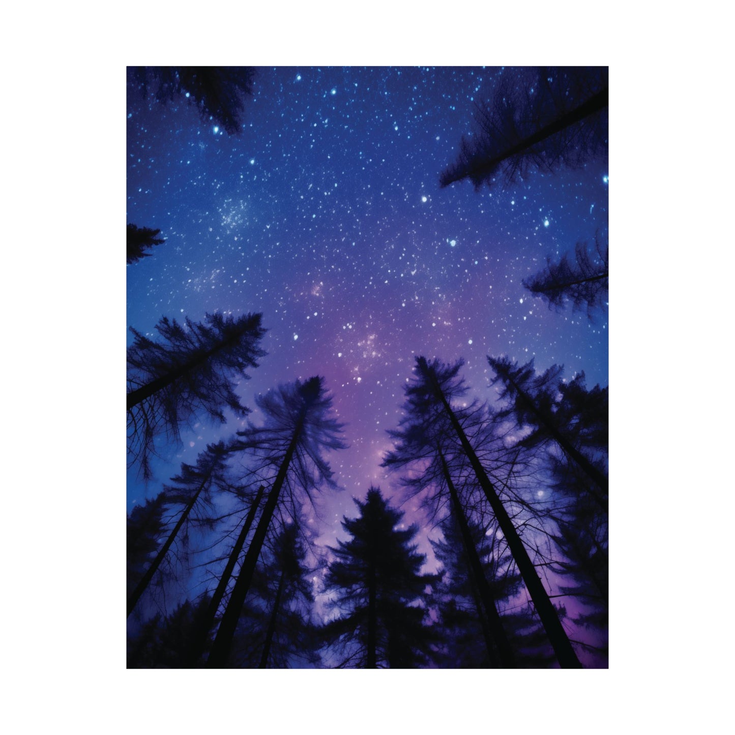 Celestial Starry Night Sky Poster, Trees Silhouette Astronomy Print, Nature Lover Home Decor, Galaxy Wall Art Gift, Dreamy Purple Blue Sky