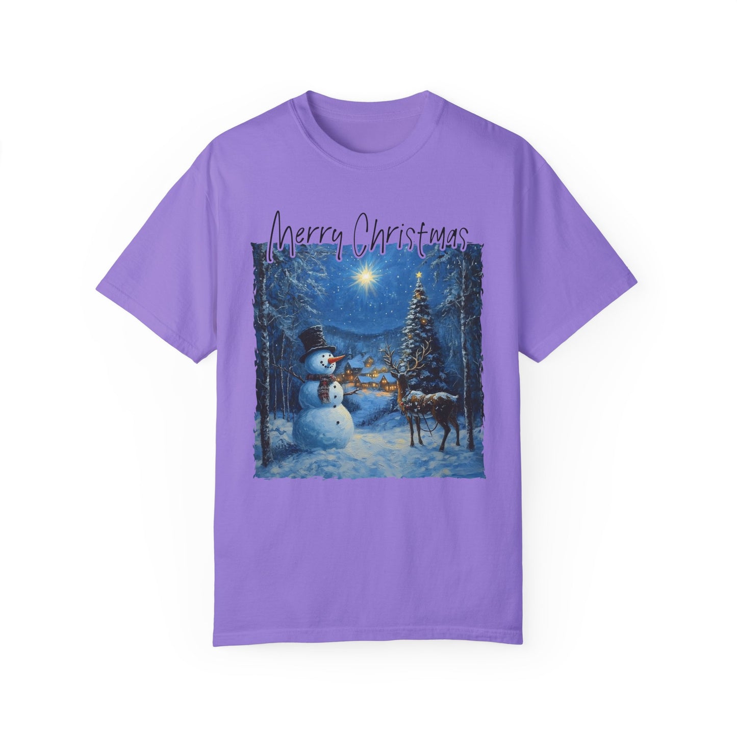 Snowman and Reindeer T-shirt, Winter Forest Holiday Tee, Christmas Scene Shirt, Magical Snowy Landscape Top, Festive Holiday Clothing,