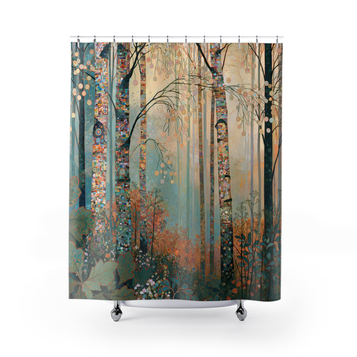 shower curtain with colorful tree designs