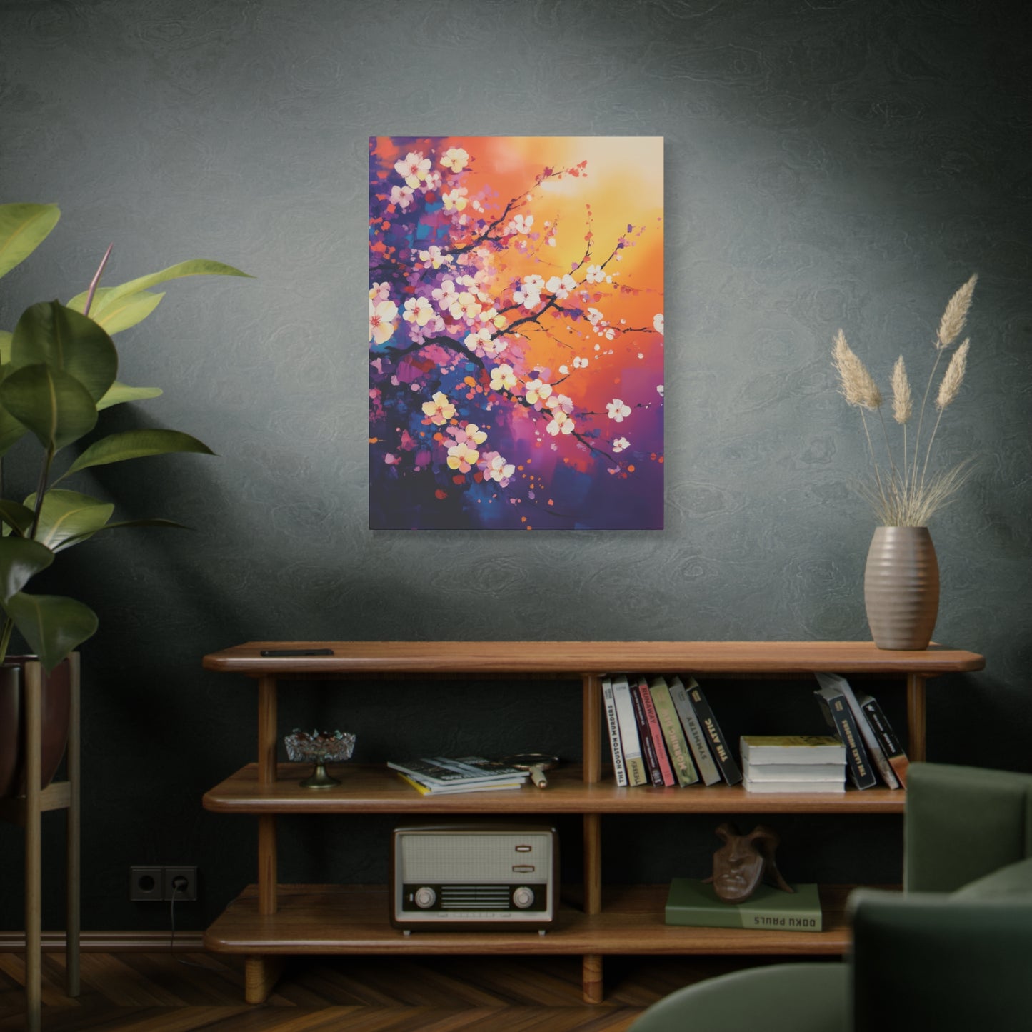 Cherry Blossom Impressionistic Painting Canvas Wall Art, Floral Wall Art for Living Room, Office Home Decor, Flower Artwork, Sunset Gradient